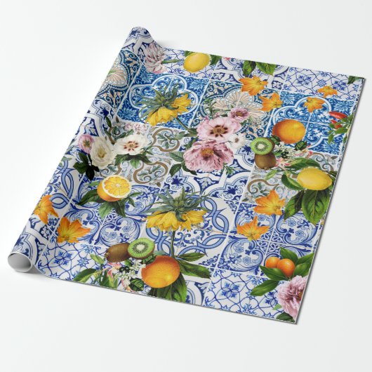 Siciliaanse tegels met bloemen en citroen cadeaupapier (Uitgerold)