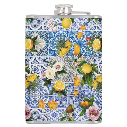 Siciliaanse tegels met bloemen en citroen heupfles (Achterkant)