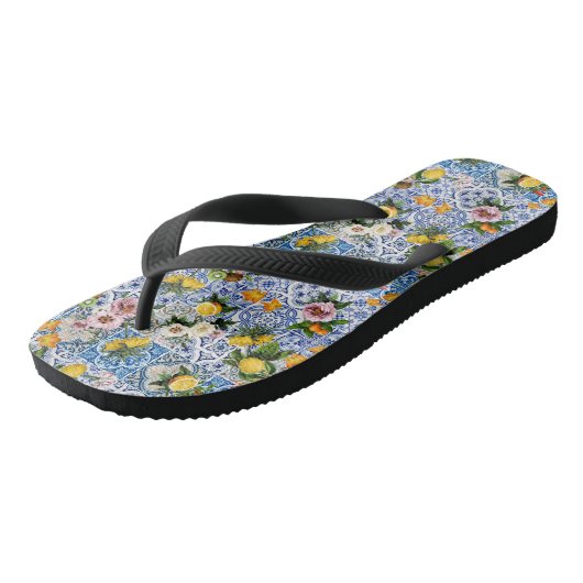 Siciliaanse tegels met bloemen en citroen teenslippers (Schuin)