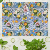 Siciliaanse tegels met bloemen en citroen theedoek (Gevouwen)
