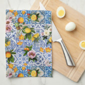 Siciliaanse tegels met bloemen en citroen theedoek (Quarter Fold)