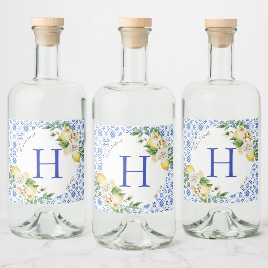 Siciliaanse zomer citroenen mediterraan blauw likeurfles etiket (Flessen)