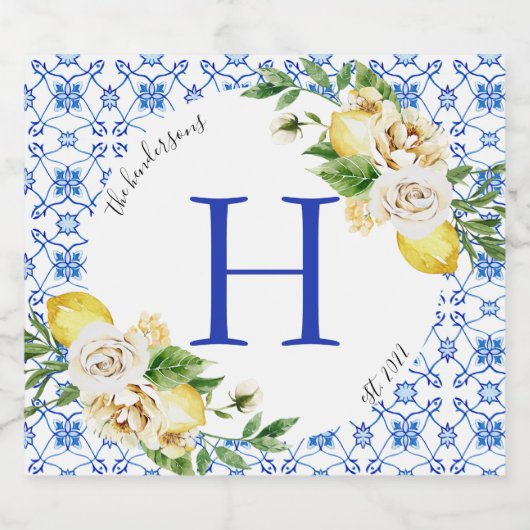 Siciliaanse zomer citroenen mediterraan blauw likeurfles etiket (Enkel label)