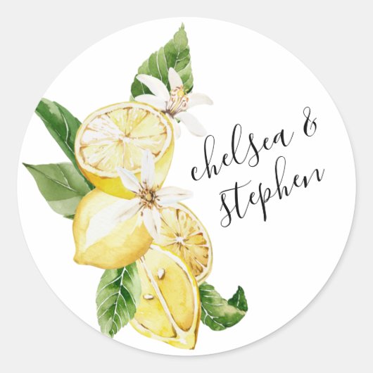 Siciliaanse Zomer Lemons Bruiloft Uitnodiging Stic Ronde Sticker (Voorkant)