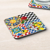 Siciliaanse zon, citroen, mediterrane tegels, bier onderzetter (Linkerzijde)