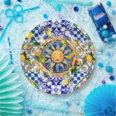 Siciliaanse zon, citroen, mediterrane tegels, papieren bordje (Feest)