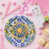 Siciliaanse zon, citroen, mediterrane tegels, papieren bordje (Feest)