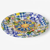 Siciliaanse zon, citroen, mediterrane tegels, papieren bordje (Gekanteld)