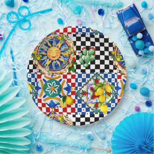 Siciliaanse zon, citroen, mediterrane tegels, papieren bordje (Feest)