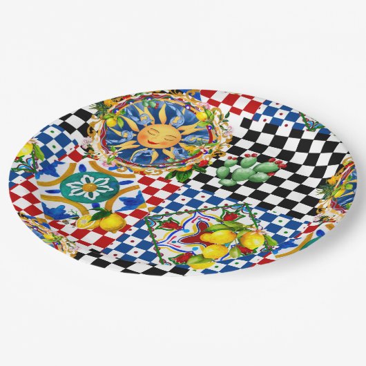 Siciliaanse zon, citroen, mediterrane tegels, papieren bordje (Gekanteld)