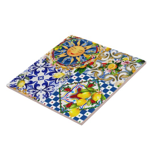 Siciliaanse zon, citroen, mediterrane tegels, tegeltje (Zijkant)