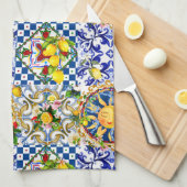 Siciliaanse zon, citroen, mediterrane tegels, theedoek (Quarter Fold)