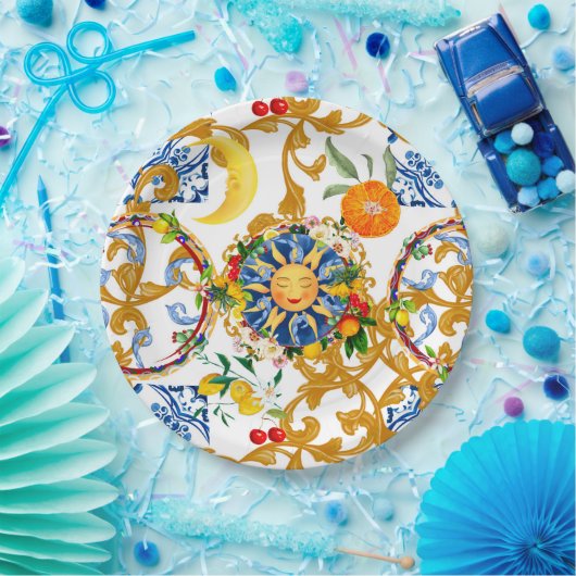 Siciliaanse zon, halve maan, zomer, majolica, citr papieren bordje (Feest)