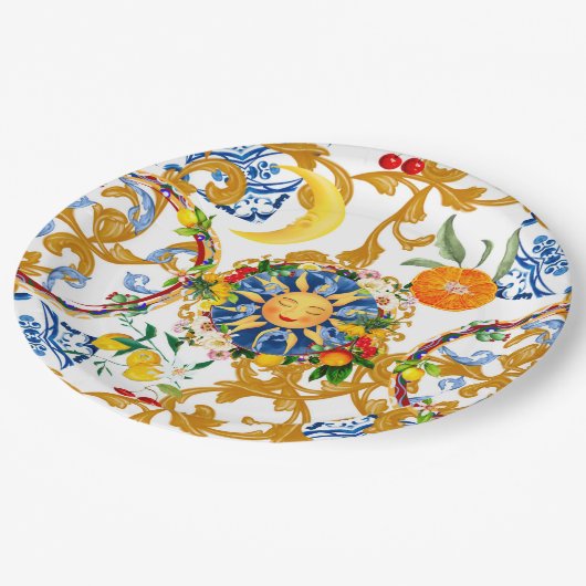 Siciliaanse zon, halve maan, zomer, majolica, citr papieren bordje (Gekanteld)