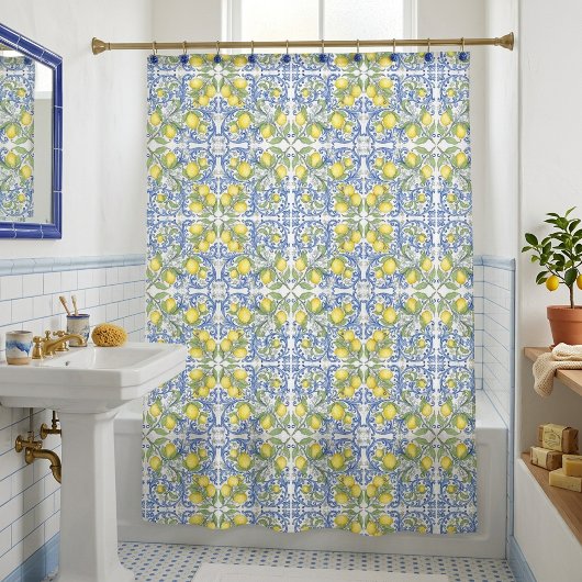 Sicilian Lemon Blue Majolica Tile Shower Curtain Douchegordijn