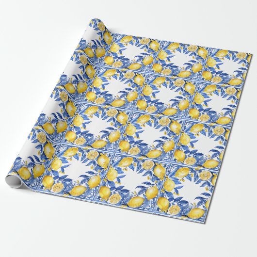 Sicilian Lemon Tiles Pattern Mediterranean Dolce  Cadeaupapier (Uitgerold)