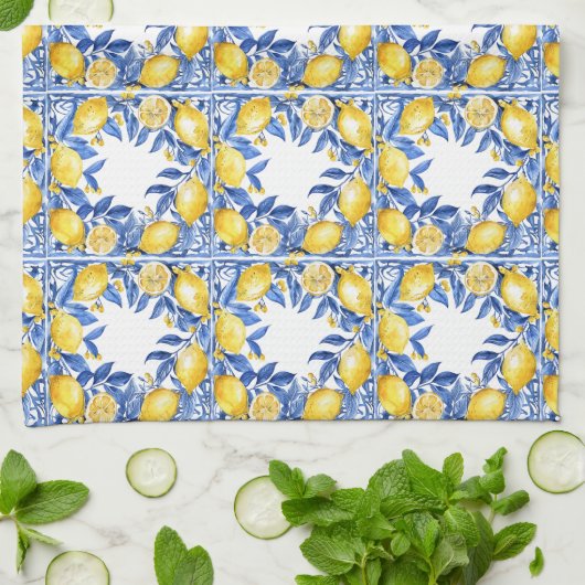 Sicilian Lemon Tiles Pattern Mediterranean Dolce  Theedoek (Gevouwen)