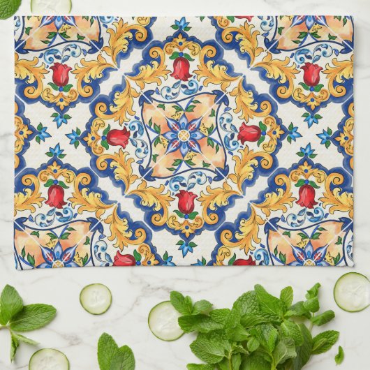 Sicilian Majolica Colorful Tile Pattern Theedoek (Gevouwen)