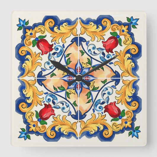 Sicilian Majolica Colorful Tile Pattern Vierkante Klok (Voorkant)