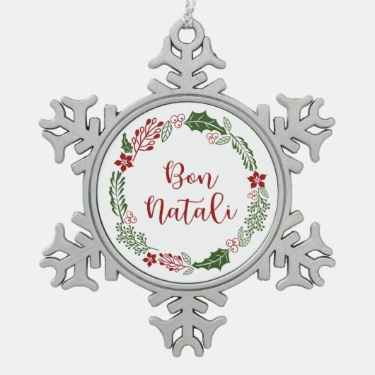 Sicilian Merry Kerstmis Wreath, Bon Natali Tin Sneeuwvlok Ornament (Voorkant)