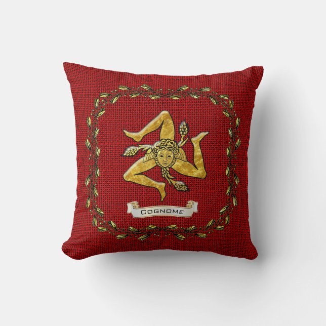 Sicilian Trinacria Olive Wreath Burlap Personalise Kussen (Voorkant)