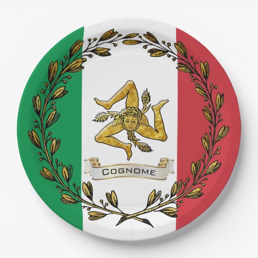 Sicilian Trinacria Olive Wreath Flag personalisere Papieren Bordje (Voorkant)