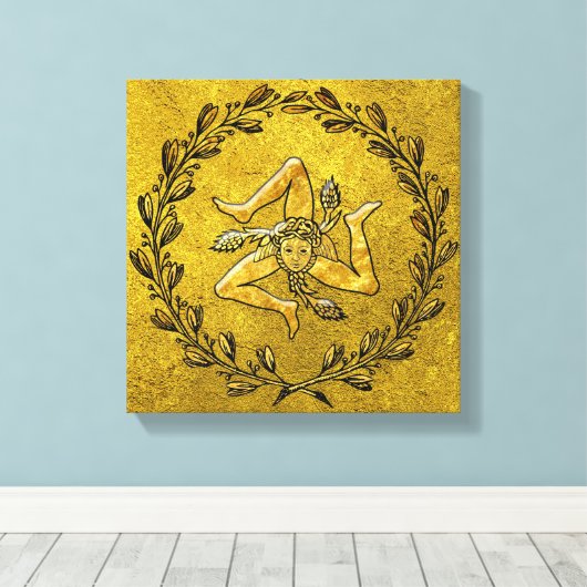 Sicilian Trinacria Olive Wreath in Gold Canvas Afdruk (Insitu (Houten vloer))