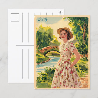 Sicilië  italiaanse dame in het land 50s briefkaart