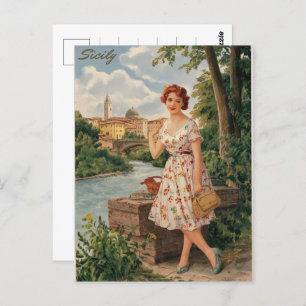Sicilië italiaanse dame in het land 50s briefkaart