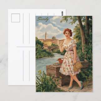 Sicilië  italiaanse dame in het land 50s briefkaart