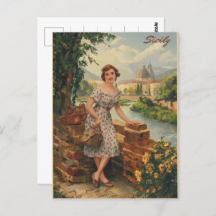 Sicilië  italiaanse dame in het land 50s briefkaart