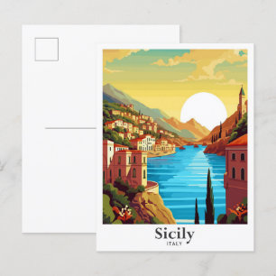 Sicilië Italië Kunst Vintage Reizen Illustratie Briefkaart