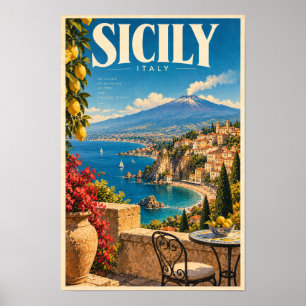 Sicilië Italië Kustvulkaan Reisposter Muur Kunst Poster