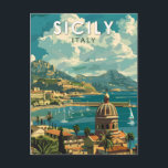Sicilië Italië Reizen Kunst Vintage Briefkaart<br><div class="desc">Sicilië retro vector reisontwerp. Sicilië,  het grootste eiland van de Middellandse Zee,  ligt net buiten de "teen" van de Italiaanse "laars". De rijke geschiedenis wordt weerspiegeld in sites als de Vallei van de Tempels.</div>