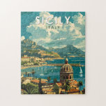 Sicilië Italië Reizen Kunst Vintage Legpuzzel<br><div class="desc">Sicilië retro vector reisontwerp. Sicilië,  het grootste eiland van de Middellandse Zee,  ligt net buiten de "teen" van de Italiaanse "laars". De rijke geschiedenis wordt weerspiegeld in sites als de Vallei van de Tempels.</div>