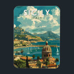 Sicilië Italië Reizen Kunst Vintage Magneet<br><div class="desc">Sicilië retro vector reisontwerp. Sicilië,  het grootste eiland van de Middellandse Zee,  ligt net buiten de "teen" van de Italiaanse "laars". De rijke geschiedenis wordt weerspiegeld in sites als de Vallei van de Tempels.</div>