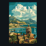 Sicilië Italië Reizen Kunst Vintage Poster<br><div class="desc">Sicilië retro vector reisontwerp. Sicilië,  het grootste eiland van de Middellandse Zee,  ligt net buiten de "teen" van de Italiaanse "laars". De rijke geschiedenis wordt weerspiegeld in sites als de Vallei van de Tempels.</div>