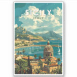 Sicilië Italië Reizen Kunst Vintage Sticker<br><div class="desc">Sicilië retro vector reisontwerp. Sicilië,  het grootste eiland van de Middellandse Zee,  ligt net buiten de "teen" van de Italiaanse "laars". De rijke geschiedenis wordt weerspiegeld in sites als de Vallei van de Tempels.</div>