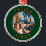 Sicilië Italië Retro noodlijdende cirkel Metalen Ornament<br><div class="desc">Sicilië retro vector reisontwerp. Sicilië,  het grootste eiland van de Middellandse Zee,  ligt net buiten de "teen" van de Italiaanse "laars". De rijke geschiedenis wordt weerspiegeld in sites als de Vallei van de Tempels.</div>