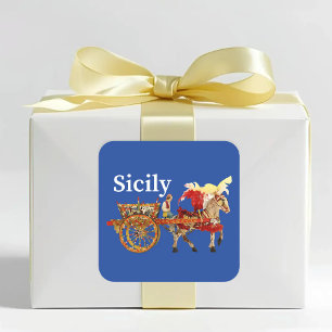 Sicilië Kar en Paard Karret Siciliano Blauw Vierkante Sticker