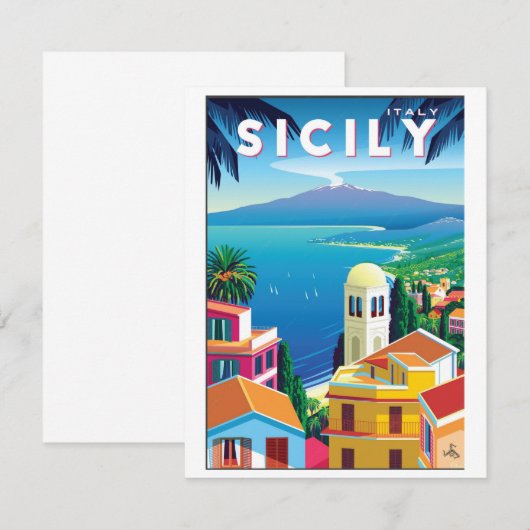 Sicilië Reizen Poster Platte Kaart - SICILIA Notitiekaartje (Voorkant / Achterkant)