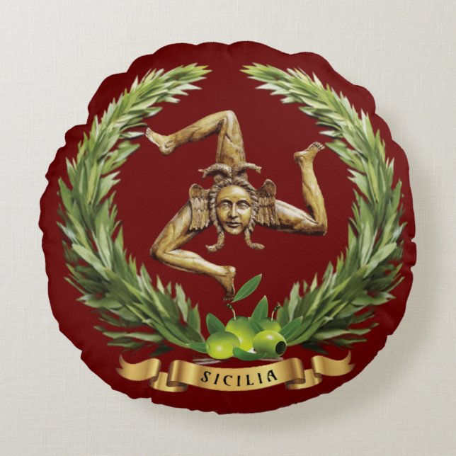 Sicilië Round Cushion met Trinacria & Olive Branch Rond Kussen (Voorkant)