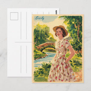 Sicilië vintage Italiaanse dame op het platteland Briefkaart