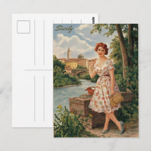 Sicilië vintage Italiaanse dame op het platteland Briefkaart