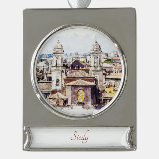 Sicilië Waterverf Schilderij Landschap Ornament Verzilverd Banner Ornament (Voorkant)