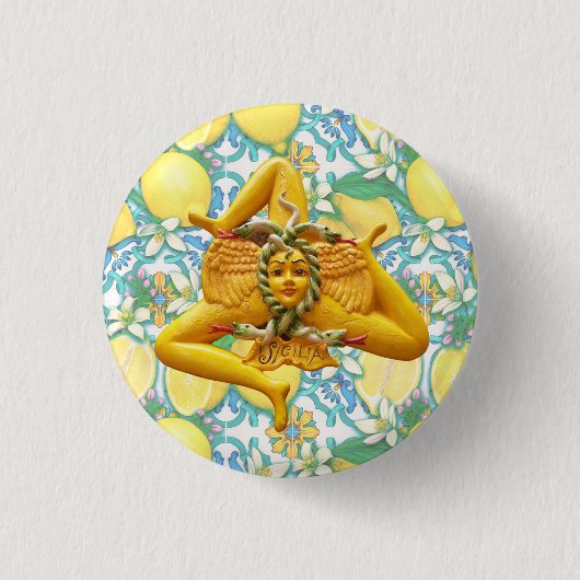 Sicily Trinacria Yellow and Blue Italian Lemon  Ronde Button 3,2 Cm (Voorkant)