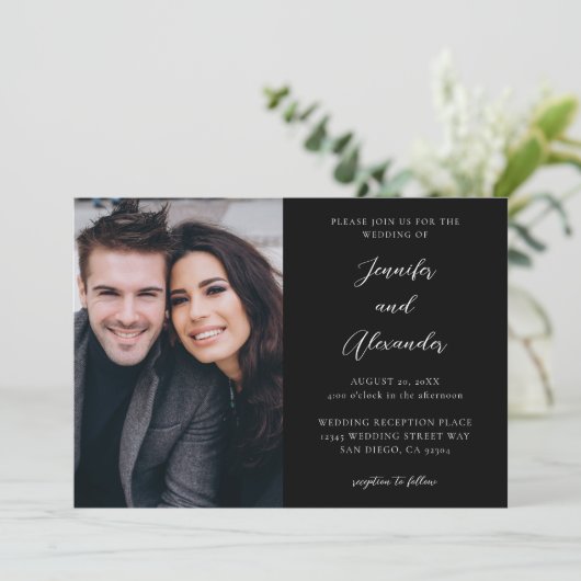 Side Photo Mod El Calligraphy Wedding Black Kaart (Staand voorkant)