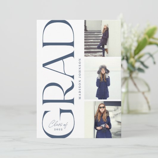 Side Typography Afstuderen 2022 3 Photo Party Navy Kaart (Staand voorkant)