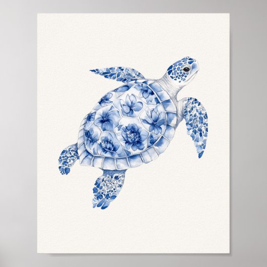 Side Uitzicht Zee Schildpad – Coastal Blue op Beig Poster (Voorkant)
