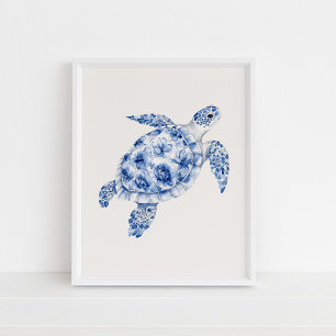 Side Uitzicht Zee Schildpad – Coastal Blue op Beig Poster